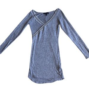 Gray Knit Dress with Striped Trim